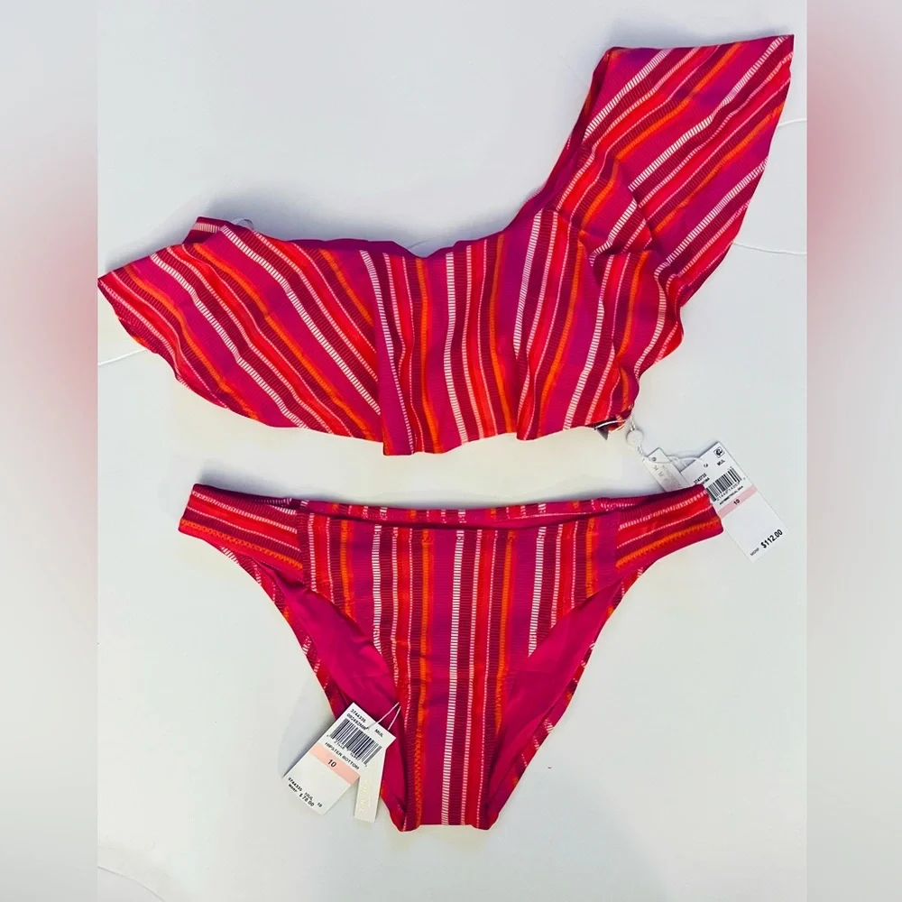 TRINA TURK Marai Ruffle Top & Hipster Bottom Bikini Set / Pink Stripe, Size 10 - Picture 2 of 13